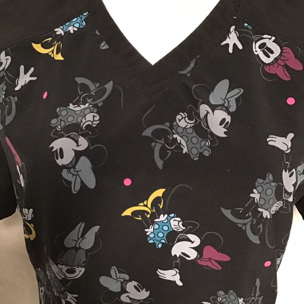 Disney Nurse Scrub Top Womens 2 Pockets Minnie Mouse Glitter Icons Size Small